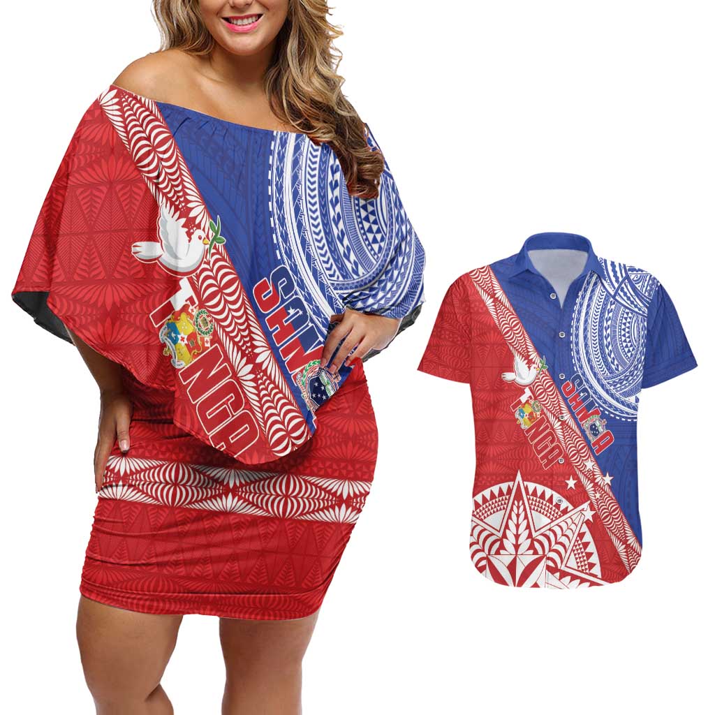 Tonga and Samoa Rugby Custom Couples Matching Off Shoulder Short Dress and Hawaiian Shirt Ikale Tahi Manu Samoa Together - Polynesian Pride
