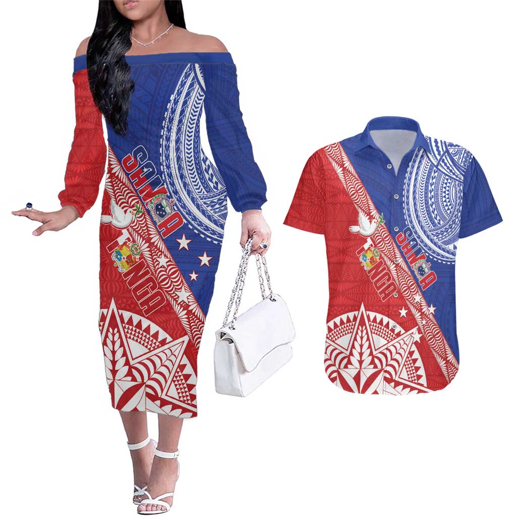 Tonga and Samoa Rugby Custom Couples Matching Off The Shoulder Long Sleeve Dress and Hawaiian Shirt Ikale Tahi Manu Samoa Together - Polynesian Pride
