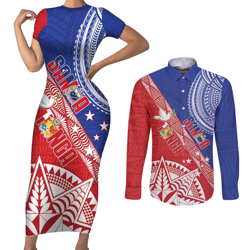 Tonga and Samoa Rugby Custom Couples Matching Short Sleeve Bodycon Dress and Long Sleeve Button Shirt Ikale Tahi Manu Samoa Together - Polynesian Pride