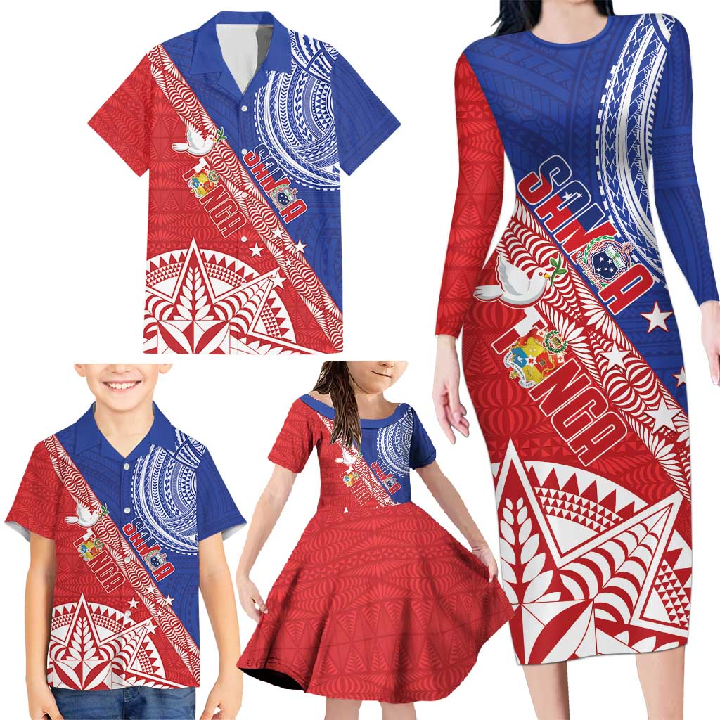 Tonga and Samoa Rugby Custom Family Matching Long Sleeve Bodycon Dress and Hawaiian Shirt Ikale Tahi Manu Samoa Together LT14 - Polynesian Pride