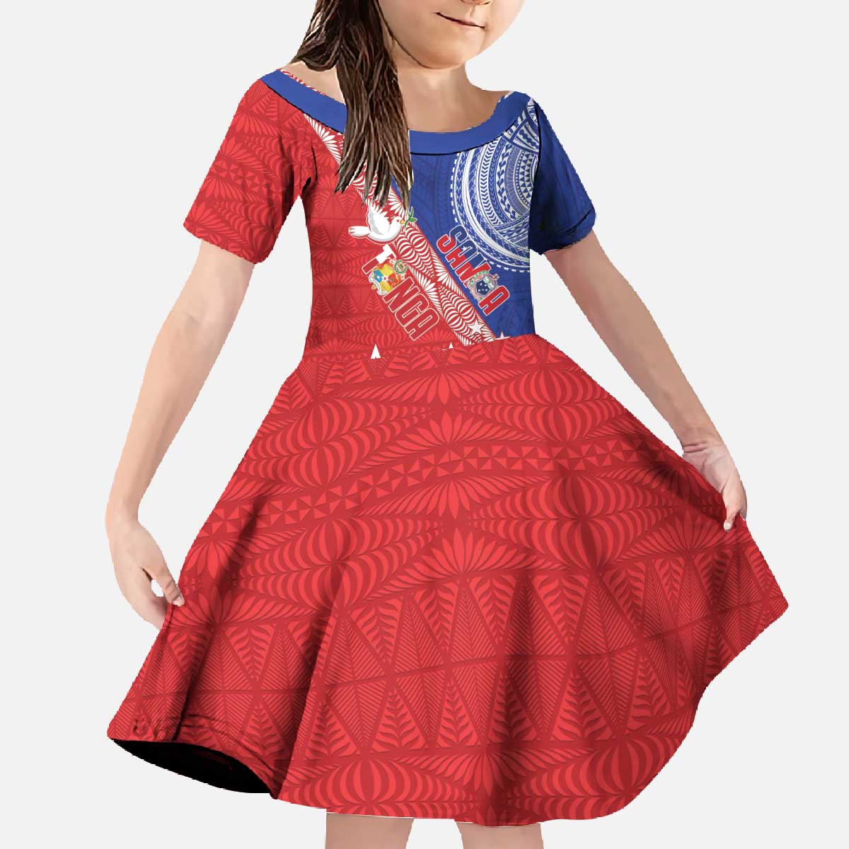 Tonga and Samoa Rugby Custom Family Matching Off The Shoulder Long Sleeve Dress and Hawaiian Shirt Ikale Tahi Manu Samoa Together LT14 Daughter's Dress Red - Polynesian Pride