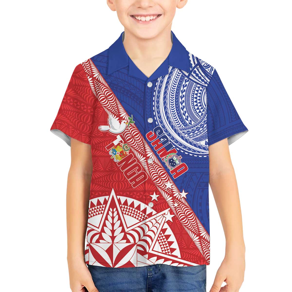 Tonga and Samoa Rugby Custom Family Matching Off The Shoulder Long Sleeve Dress and Hawaiian Shirt Ikale Tahi Manu Samoa Together LT14 Son's Shirt Red - Polynesian Pride