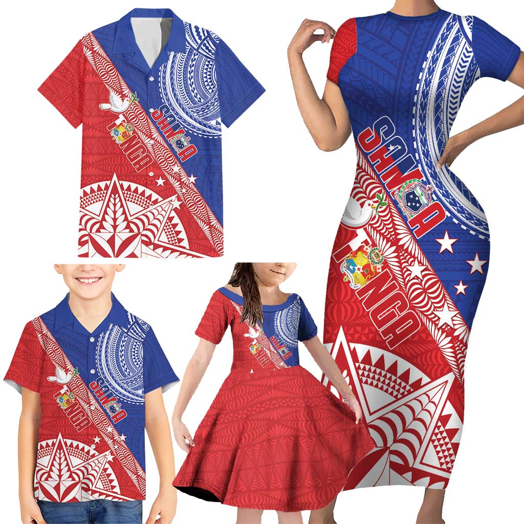 Tonga and Samoa Rugby Custom Family Matching Short Sleeve Bodycon Dress and Hawaiian Shirt Ikale Tahi Manu Samoa Together - Polynesian Pride