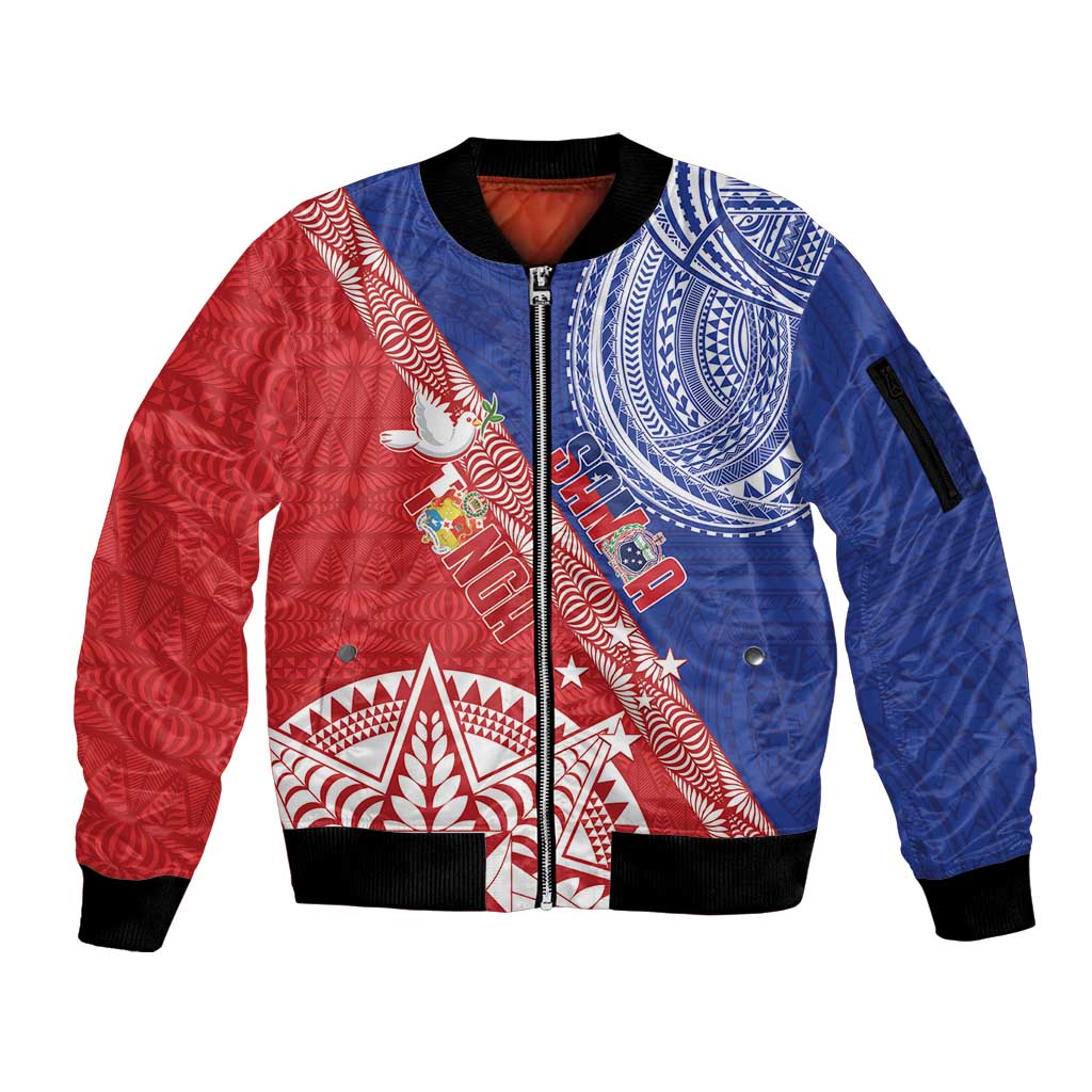Tonga and Samoa Rugby Custom Sleeve Zip Bomber Jacket Ikale Tahi Manu Samoa Together - Polynesian Pride