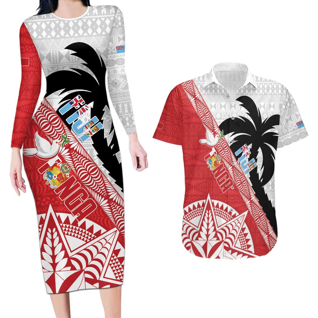 Fiji and Tonga Rugby Custom Couples Matching Long Sleeve Bodycon Dress and Hawaiian Shirt Flying Fijians Ikale Tahi Together Pacific LT14 Red - Polynesian Pride