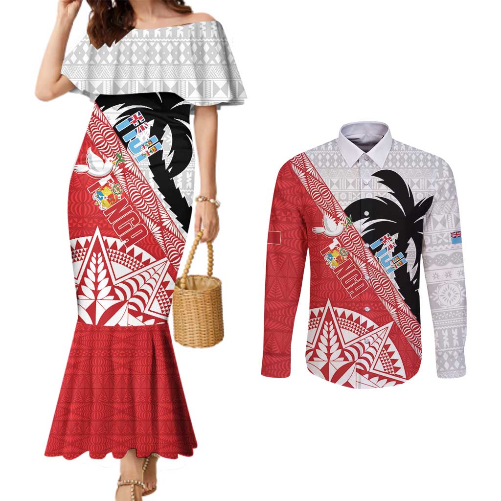 Fiji and Tonga Rugby Custom Couples Matching Mermaid Dress and Long Sleeve Button Shirt Flying Fijians Ikale Tahi Together Pacific - Polynesian Pride