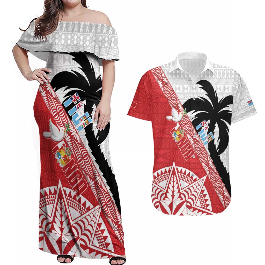 Fiji and Tonga Rugby Custom Couples Matching Off Shoulder Maxi Dress and Hawaiian Shirt Flying Fijians Ikale Tahi Together Pacific LT14 Red - Polynesian Pride