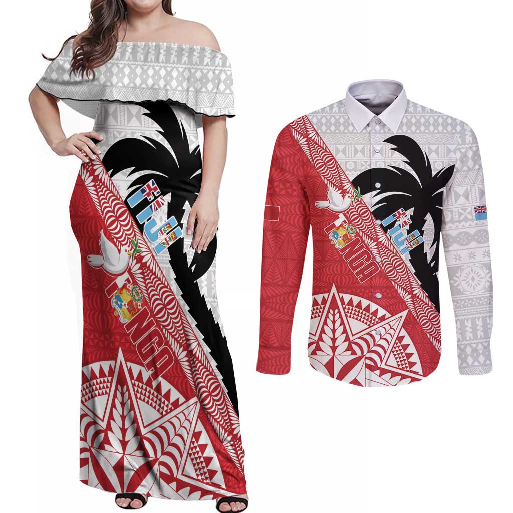 Fiji and Tonga Rugby Custom Couples Matching Off Shoulder Maxi Dress and Long Sleeve Button Shirt Flying Fijians Ikale Tahi Together Pacific - Polynesian Pride