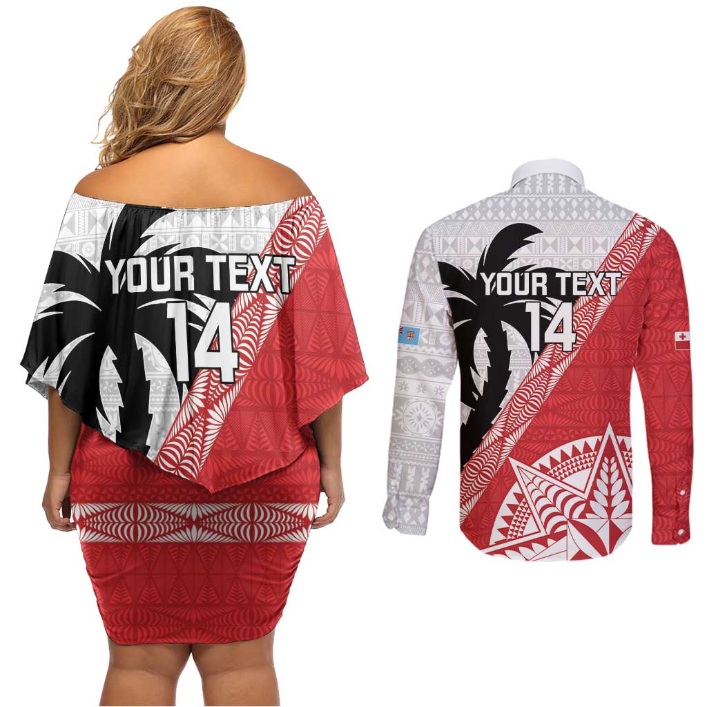 Fiji and Tonga Rugby Custom Couples Matching Off Shoulder Short Dress and Long Sleeve Button Shirt Flying Fijians Ikale Tahi Together Pacific - Polynesian Pride
