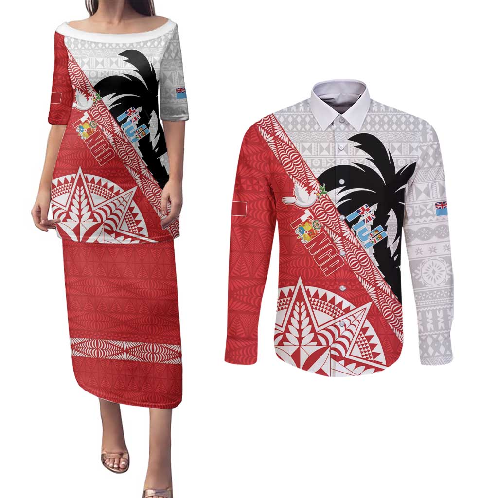 Fiji and Tonga Rugby Custom Couples Matching Puletasi and Long Sleeve Button Shirt Flying Fijians Ikale Tahi Together Pacific - Polynesian Pride