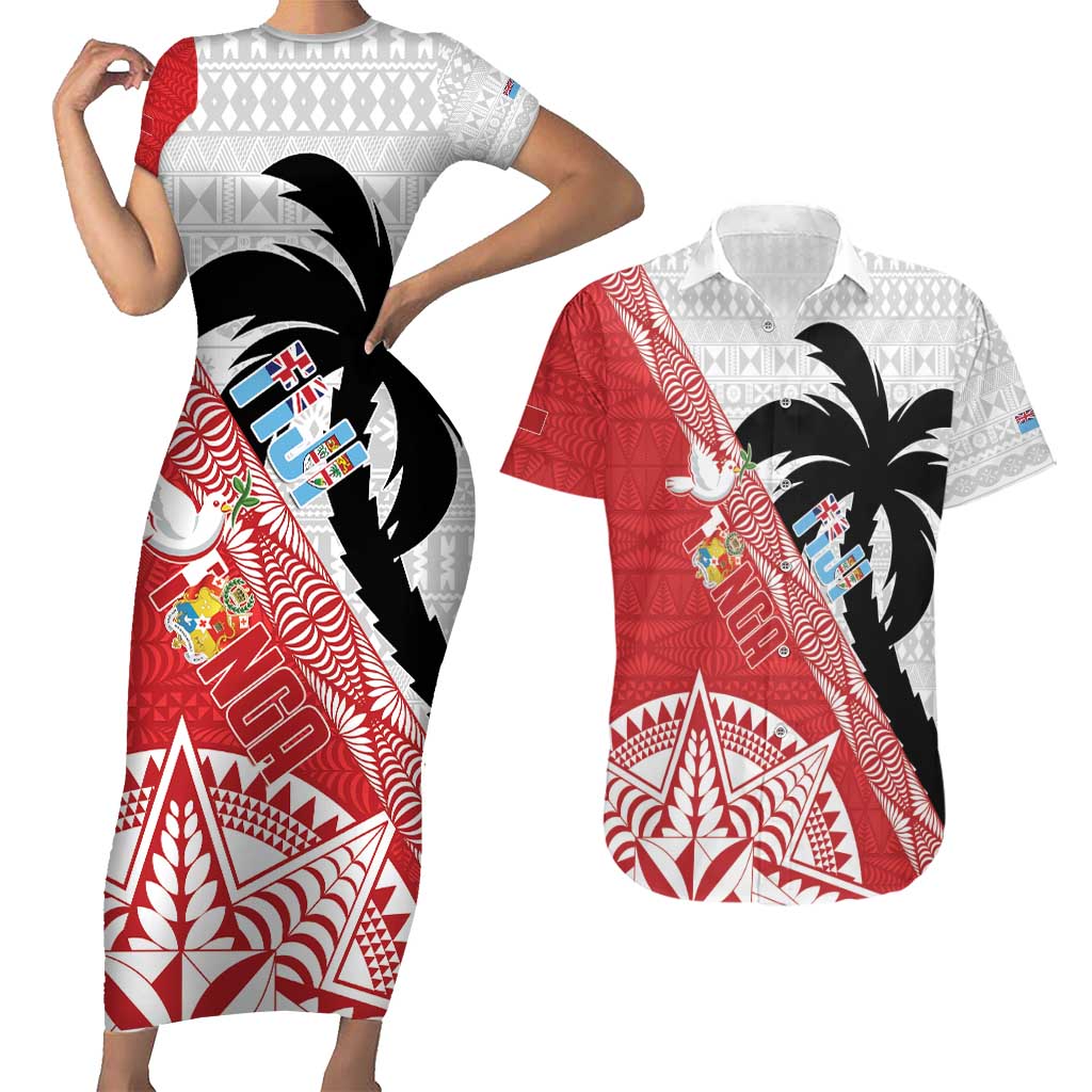 Fiji and Tonga Rugby Custom Couples Matching Short Sleeve Bodycon Dress and Hawaiian Shirt Flying Fijians Ikale Tahi Together Pacific LT14 Red - Polynesian Pride
