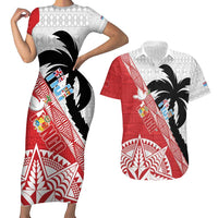 Fiji and Tonga Rugby Custom Couples Matching Short Sleeve Bodycon Dress and Hawaiian Shirt Flying Fijians Ikale Tahi Together Pacific LT14 Red - Polynesian Pride