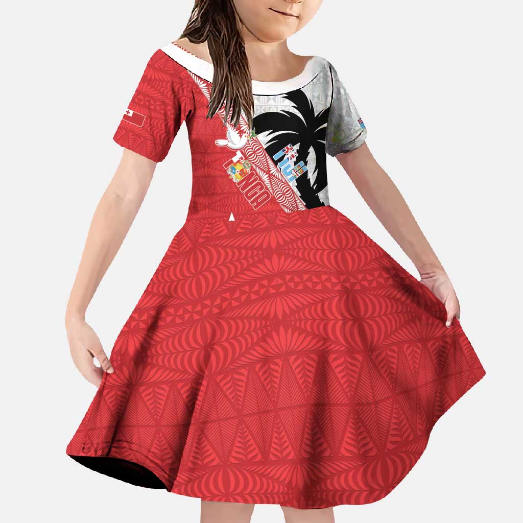 Fiji and Tonga Rugby Custom Family Matching Off Shoulder Maxi Dress and Hawaiian Shirt Flying Fijians Ikale Tahi Together Pacific LT14 Daughter's Dress Red - Polynesian Pride