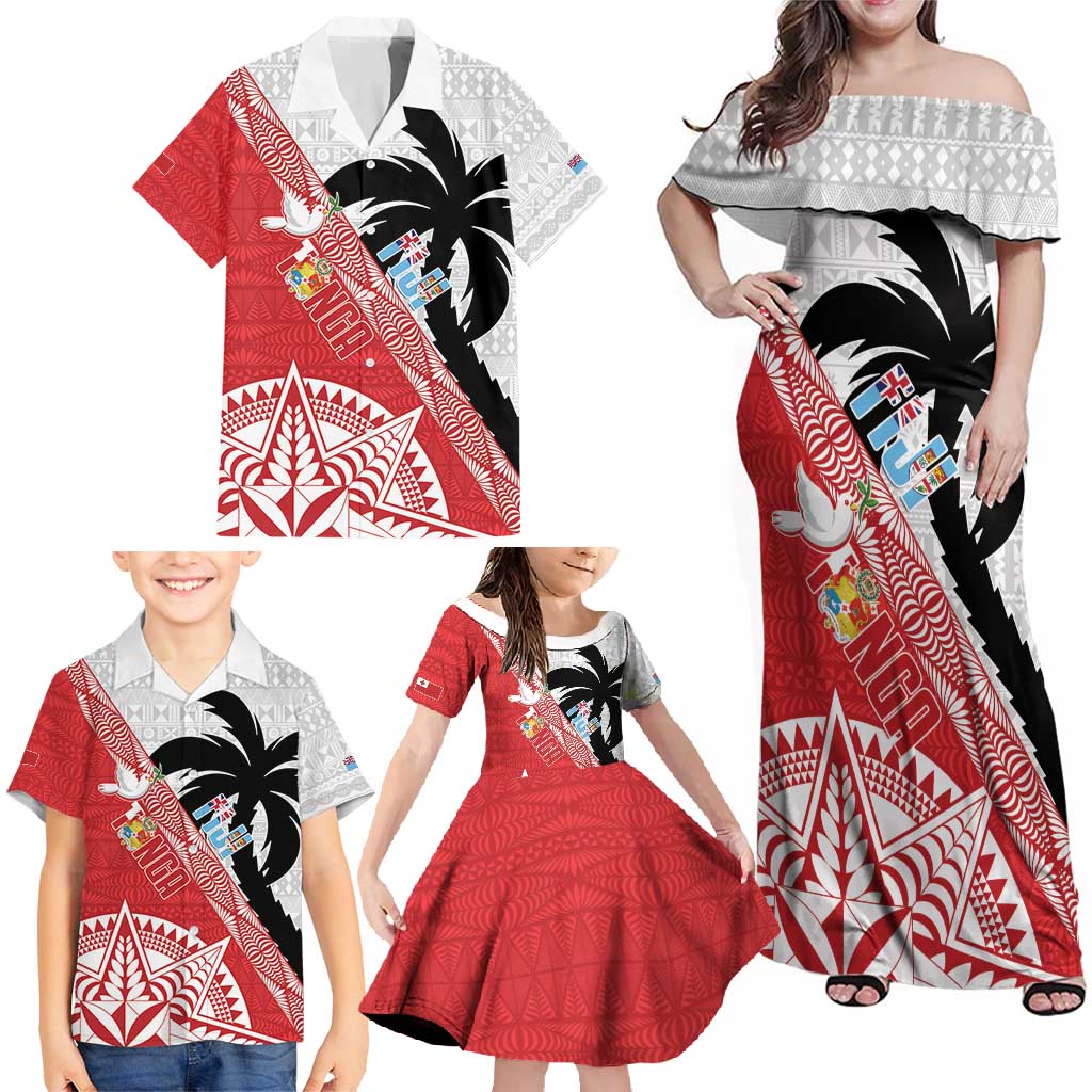 Fiji and Tonga Rugby Custom Family Matching Off Shoulder Maxi Dress and Hawaiian Shirt Flying Fijians Ikale Tahi Together Pacific - Polynesian Pride
