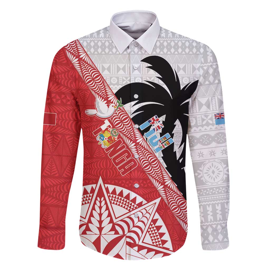 Fiji and Tonga Rugby Custom Family Matching Off Shoulder Short Dress and Hawaiian Shirt Flying Fijians Ikale Tahi Together Pacific LT14 Dad's Shirt - Long Sleeve Red - Polynesian Pride