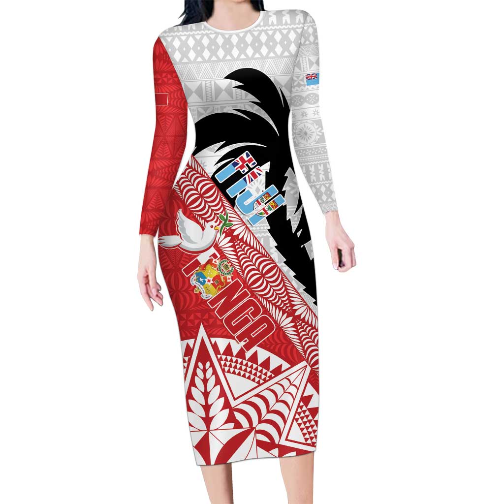 Fiji and Tonga Rugby Custom Long Sleeve Bodycon Dress Flying Fijians Ikale Tahi Together Pacific - Polynesian Pride