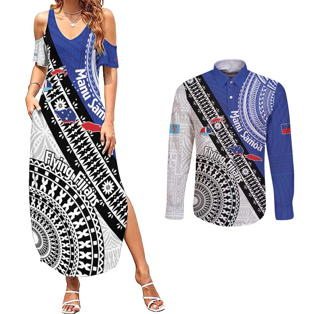 Fiji an Samoa Rugby Custom Couples Matching Summer Maxi Dress and Long Sleeve Button Shirt Flying Fijians Manu Samoa Together Pacific - Polynesian Pride