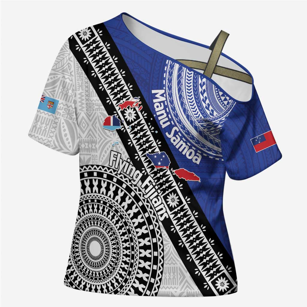 Fiji an Samoa Rugby Custom Cross Shoulder Shirt Flying Fijians Manu Samoa Together Pacific - Polynesian Pride