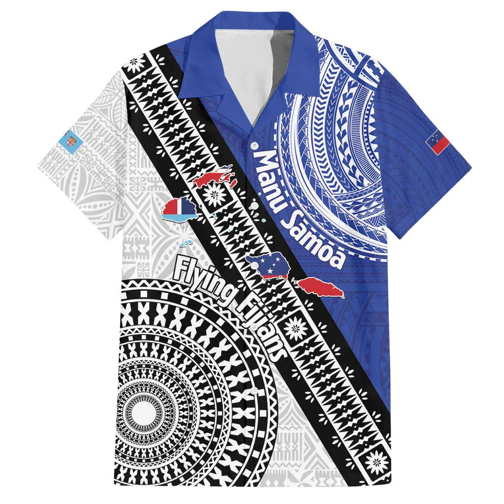Fiji an Samoa Rugby Custom Family Matching Long Sleeve Bodycon Dress and Hawaiian Shirt Flying Fijians Manu Samoa Together Pacific LT14 Dad's Shirt - Short Sleeve Blue - Polynesian Pride