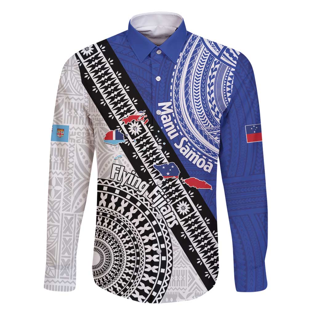 Fiji an Samoa Rugby Custom Family Matching Long Sleeve Bodycon Dress and Hawaiian Shirt Flying Fijians Manu Samoa Together Pacific LT14 Dad's Shirt - Long Sleeve Blue - Polynesian Pride