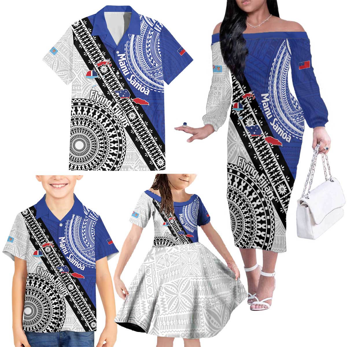 Fiji an Samoa Rugby Custom Family Matching Off The Shoulder Long Sleeve Dress and Hawaiian Shirt Flying Fijians Manu Samoa Together Pacific LT14 - Polynesian Pride