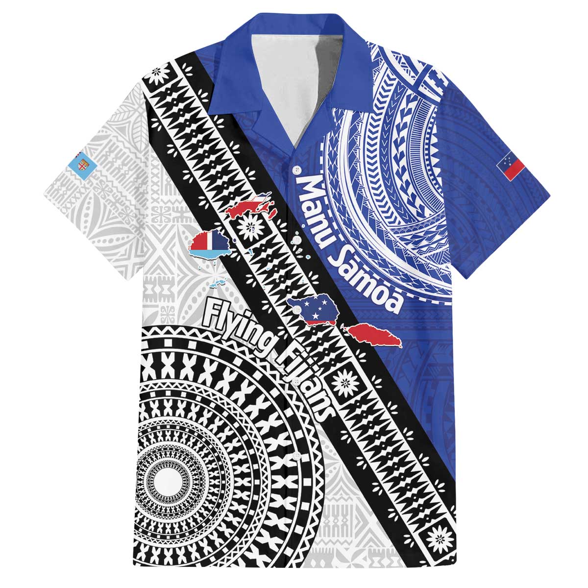 Fiji an Samoa Rugby Custom Family Matching Off The Shoulder Long Sleeve Dress and Hawaiian Shirt Flying Fijians Manu Samoa Together Pacific LT14 Dad's Shirt - Short Sleeve Blue - Polynesian Pride