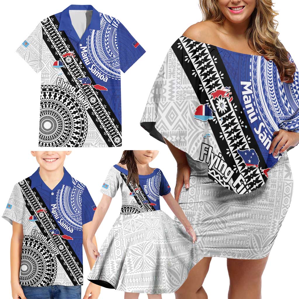 Fiji an Samoa Rugby Custom Family Matching Off Shoulder Short Dress and Hawaiian Shirt Flying Fijians Manu Samoa Together Pacific - Polynesian Pride