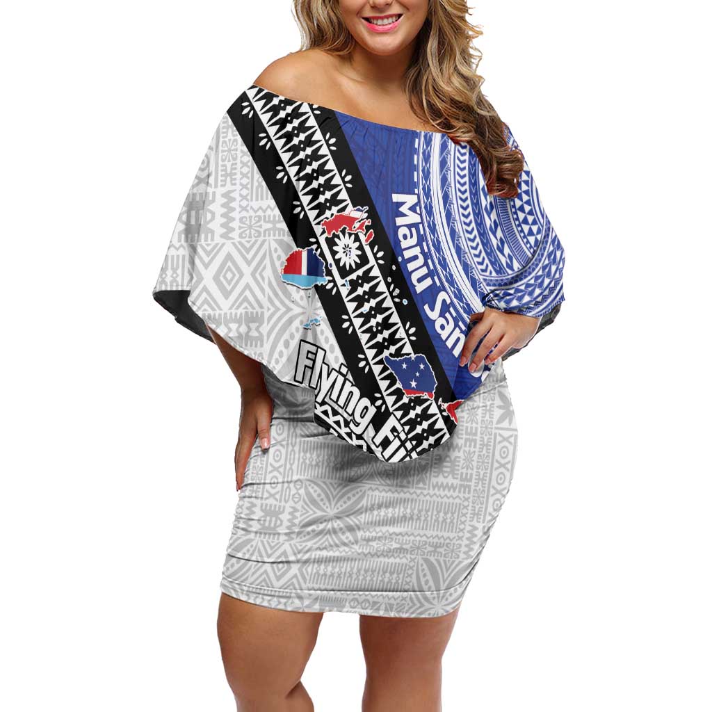 Fiji an Samoa Rugby Custom Family Matching Off Shoulder Short Dress and Hawaiian Shirt Flying Fijians Manu Samoa Together Pacific LT14 Mom's Dress Blue - Polynesian Pride