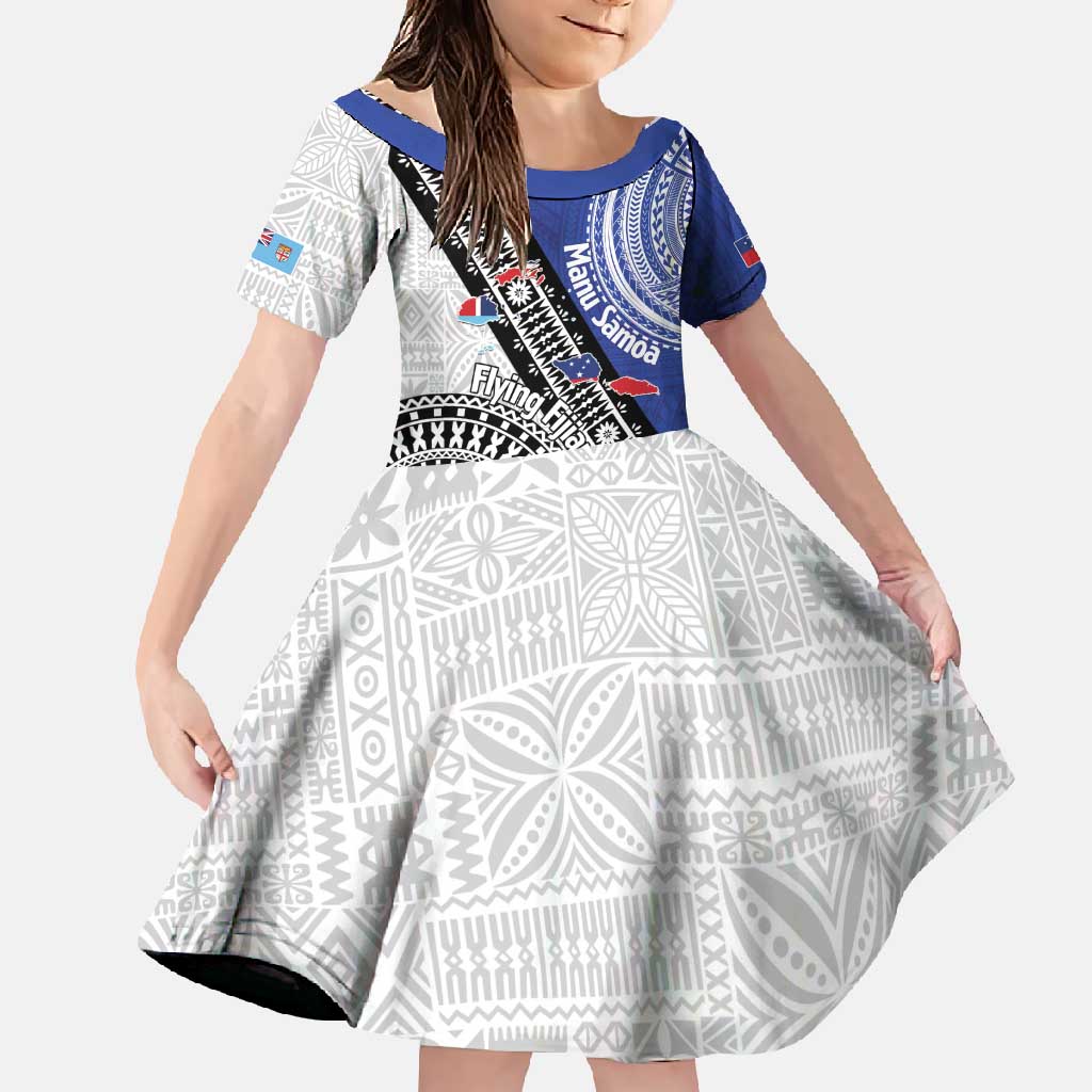 Fiji an Samoa Rugby Custom Family Matching Summer Maxi Dress and Hawaiian Shirt Flying Fijians Manu Samoa Together Pacific LT14 Daughter's Dress Blue - Polynesian Pride