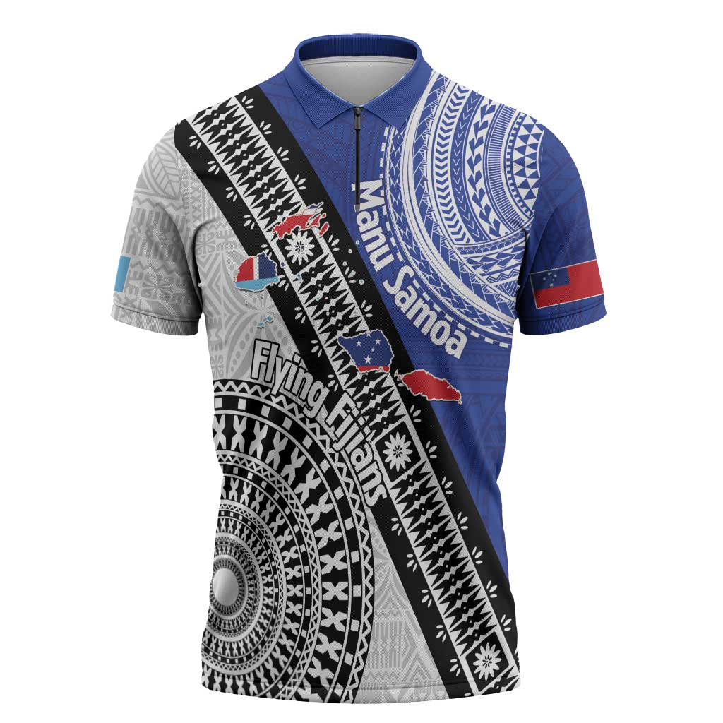 Fiji an Samoa Rugby Custom Zipper Polo Shirt Flying Fijians Manu Samoa Together Pacific - Polynesian Pride