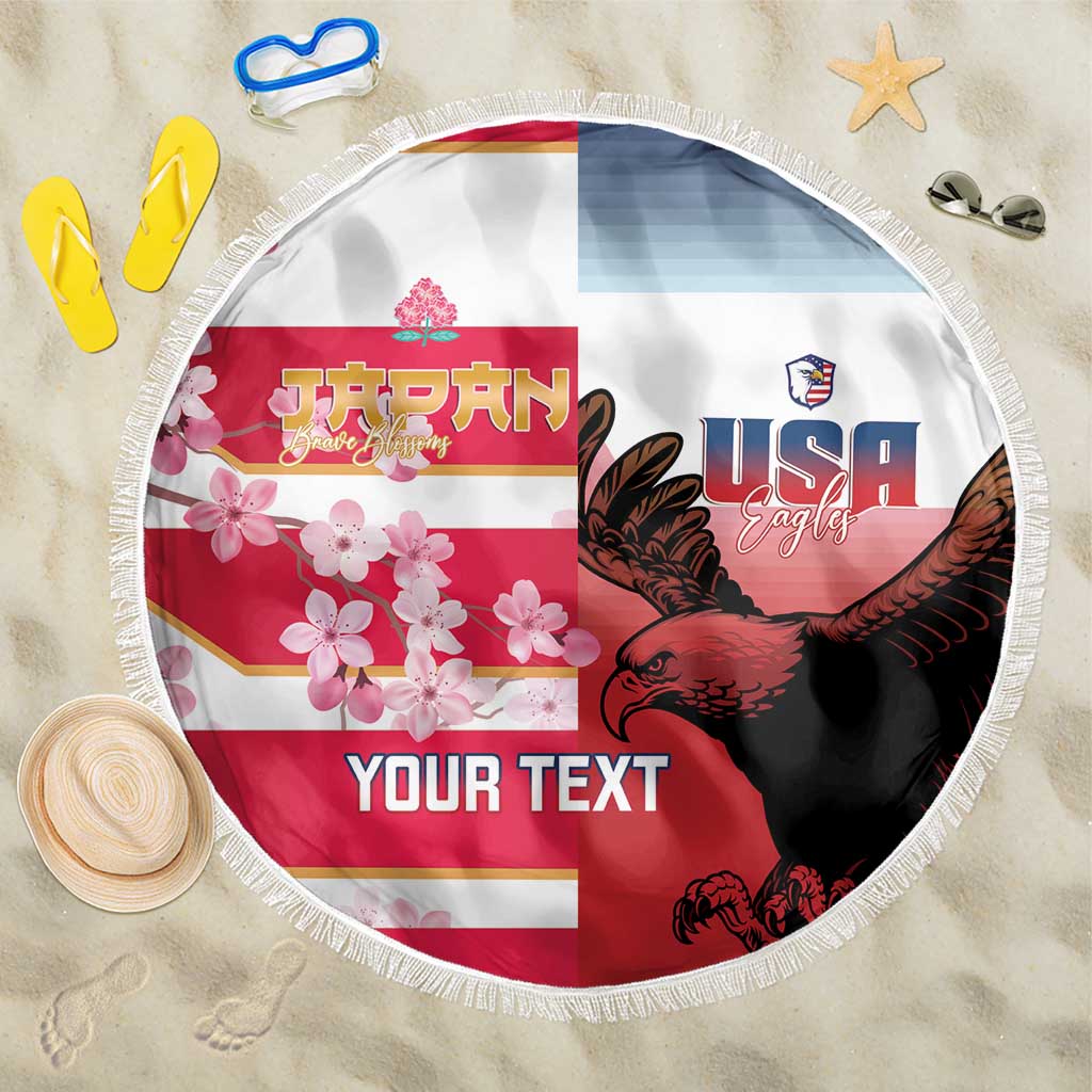 USA and Japan Rugby Custom Beach Blanket Eagles Brave Blossoms Together Pacific - Polynesian Pride