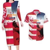 USA and Japan Rugby Custom Couples Matching Long Sleeve Bodycon Dress and Hawaiian Shirt Eagles Brave Blossoms Together Pacific LT14 Red - Polynesian Pride