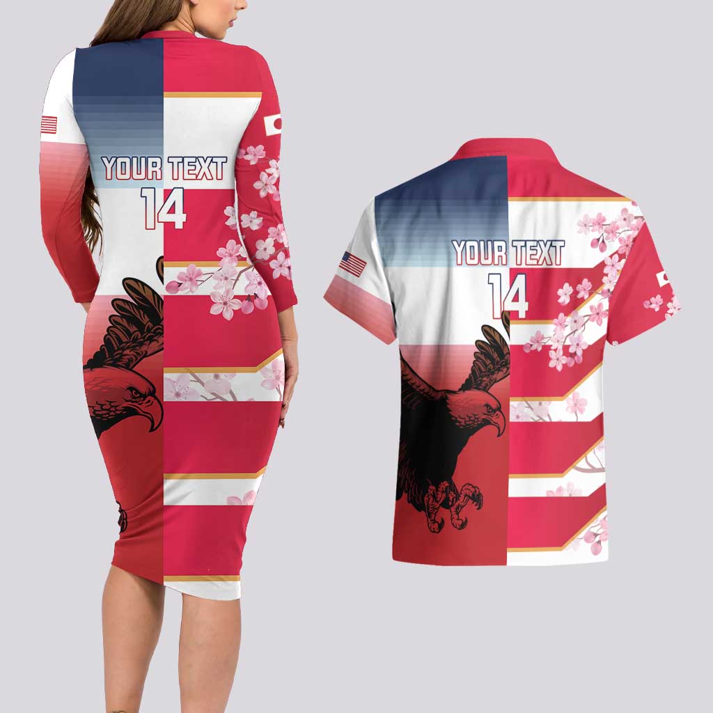 USA and Japan Rugby Custom Couples Matching Long Sleeve Bodycon Dress and Hawaiian Shirt Eagles Brave Blossoms Together Pacific LT14 - Polynesian Pride