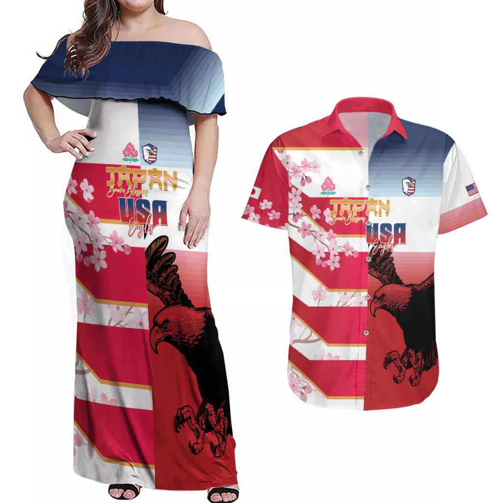 USA and Japan Rugby Custom Couples Matching Off Shoulder Maxi Dress and Hawaiian Shirt Eagles Brave Blossoms Together Pacific - Polynesian Pride