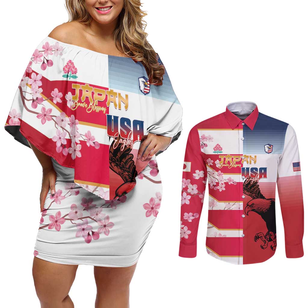 USA and Japan Rugby Custom Couples Matching Off Shoulder Short Dress and Long Sleeve Button Shirt Eagles Brave Blossoms Together Pacific - Polynesian Pride