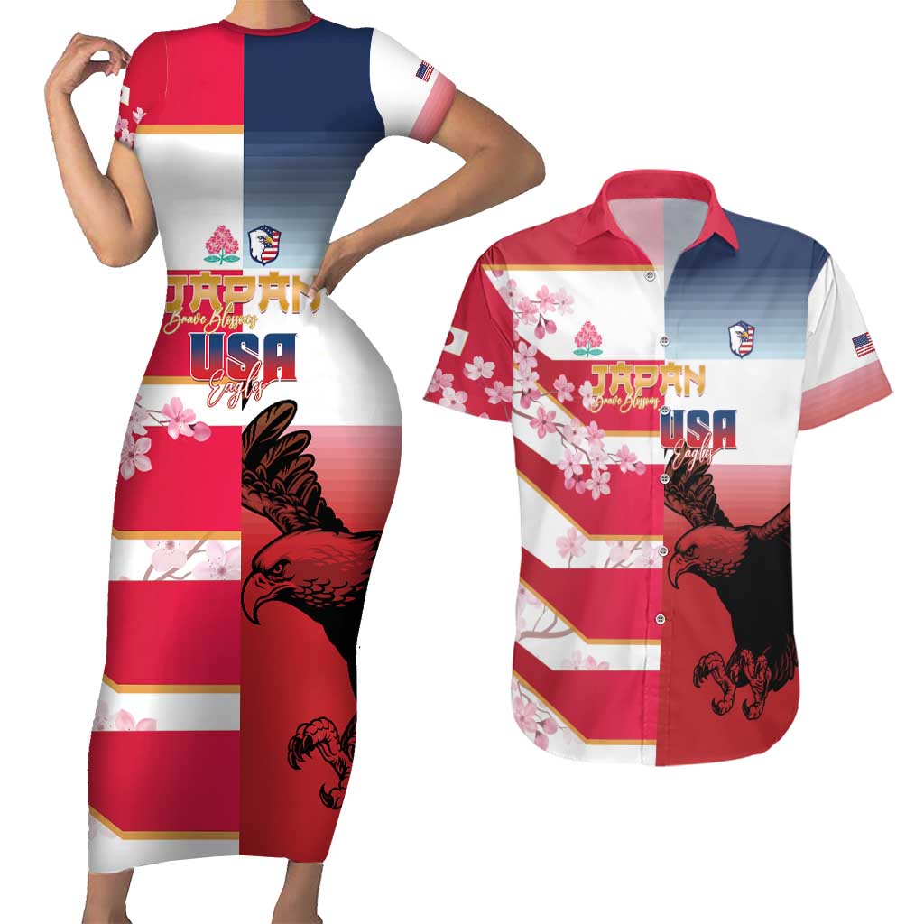USA and Japan Rugby Custom Couples Matching Short Sleeve Bodycon Dress and Hawaiian Shirt Eagles Brave Blossoms Together Pacific - Polynesian Pride
