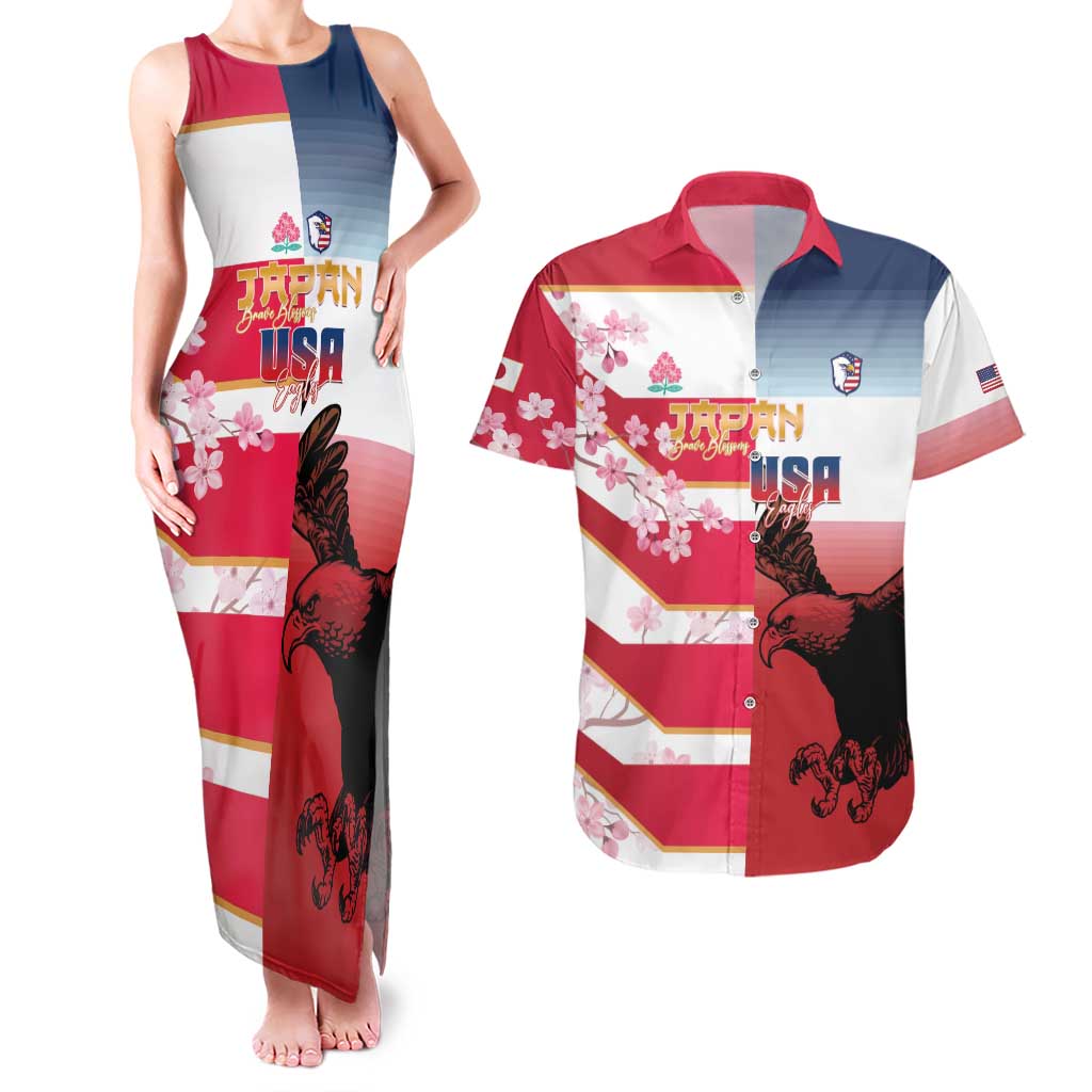 USA and Japan Rugby Custom Couples Matching Tank Maxi Dress and Hawaiian Shirt Eagles Brave Blossoms Together Pacific - Polynesian Pride