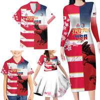 USA and Japan Rugby Custom Family Matching Long Sleeve Bodycon Dress and Hawaiian Shirt Eagles Brave Blossoms Together Pacific LT14 - Polynesian Pride