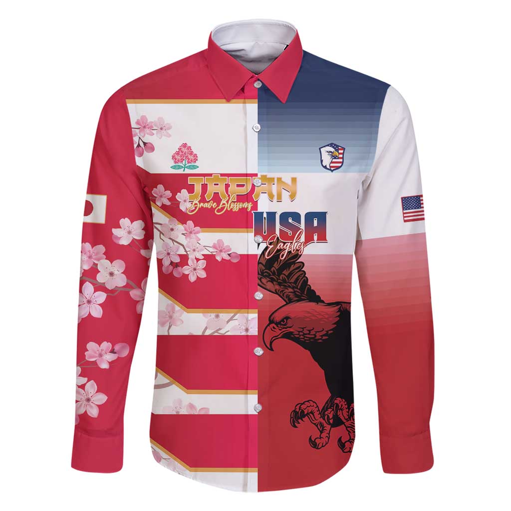 USA and Japan Rugby Custom Family Matching Long Sleeve Bodycon Dress and Hawaiian Shirt Eagles Brave Blossoms Together Pacific LT14 Dad's Shirt - Long Sleeve Red - Polynesian Pride