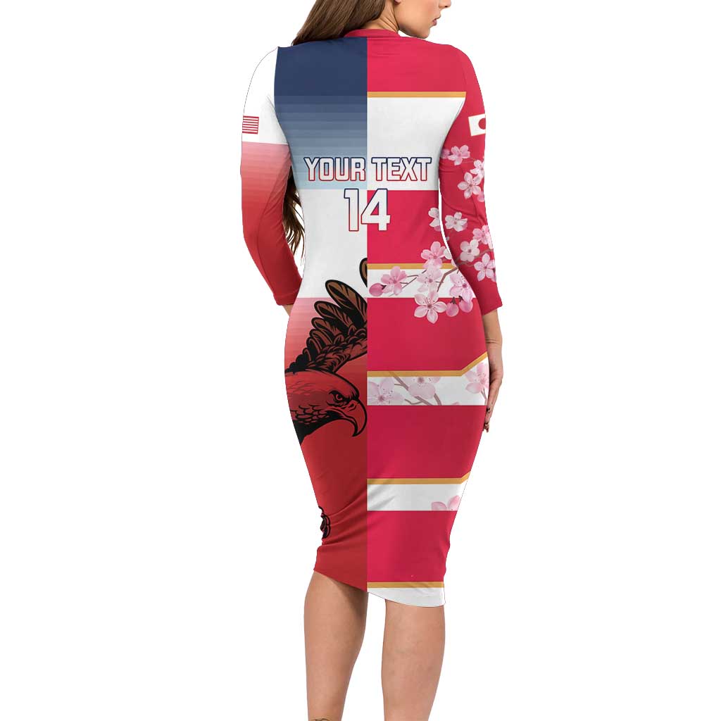 USA and Japan Rugby Custom Family Matching Long Sleeve Bodycon Dress and Hawaiian Shirt Eagles Brave Blossoms Together Pacific LT14 - Polynesian Pride