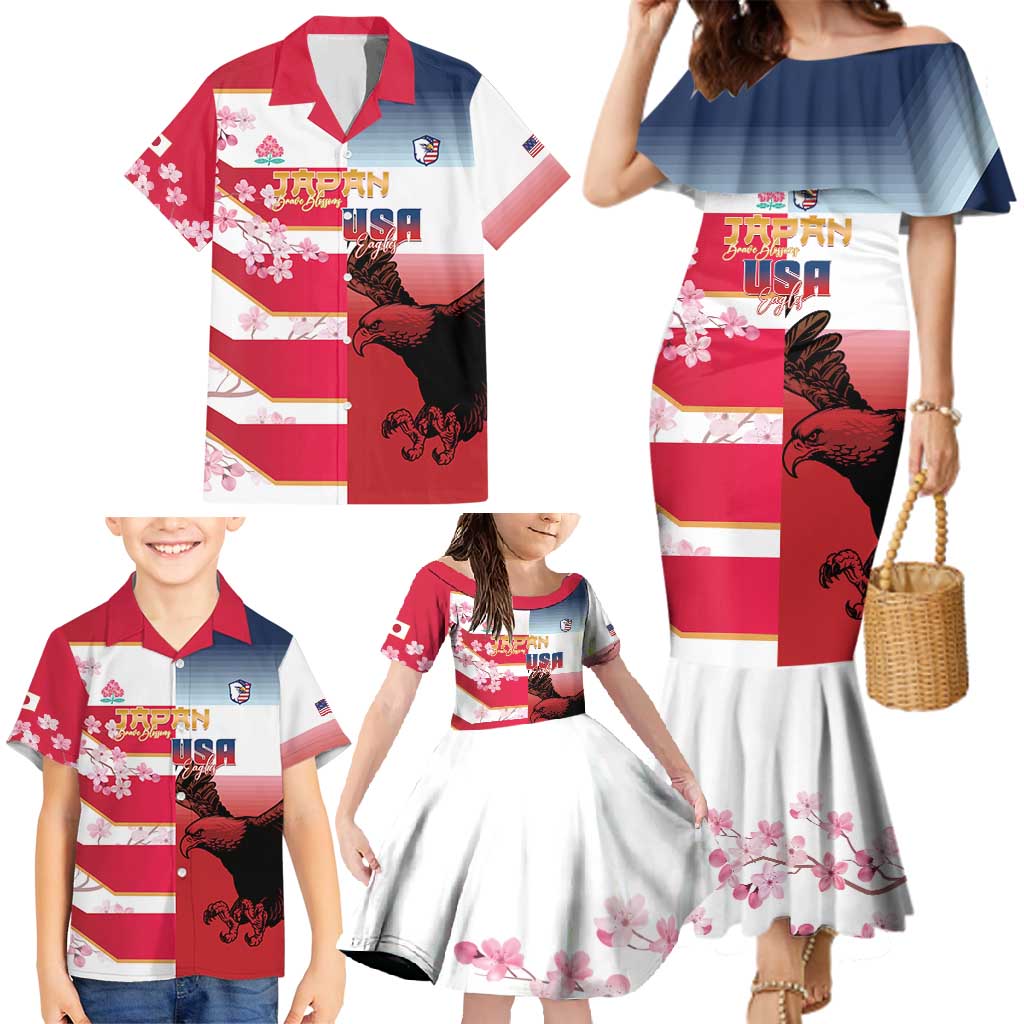 USA and Japan Rugby Custom Family Matching Mermaid Dress and Hawaiian Shirt Eagles Brave Blossoms Together Pacific - Polynesian Pride