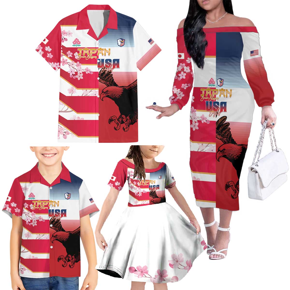 USA and Japan Rugby Custom Family Matching Off The Shoulder Long Sleeve Dress and Hawaiian Shirt Eagles Brave Blossoms Together Pacific LT14 - Polynesian Pride