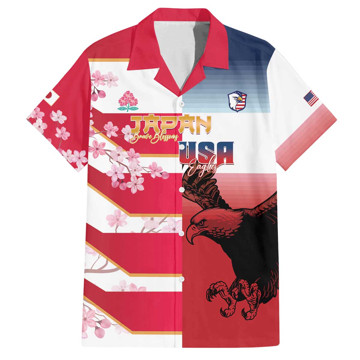 USA and Japan Rugby Custom Family Matching Off The Shoulder Long Sleeve Dress and Hawaiian Shirt Eagles Brave Blossoms Together Pacific LT14 Dad's Shirt - Short Sleeve Red - Polynesian Pride