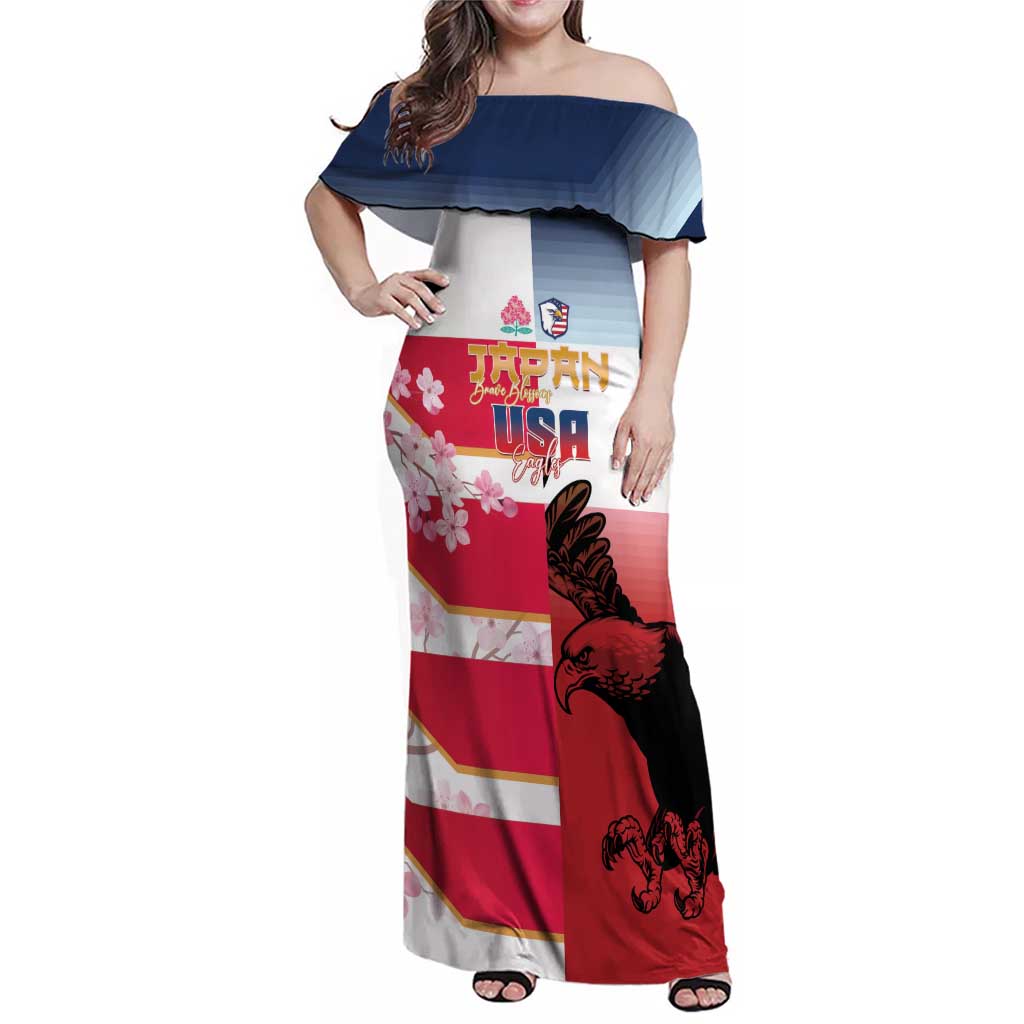 USA and Japan Rugby Custom Family Matching Off Shoulder Maxi Dress and Hawaiian Shirt Eagles Brave Blossoms Together Pacific LT14 Mom's Dress Red - Polynesian Pride