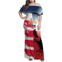 USA and Japan Rugby Custom Family Matching Off Shoulder Maxi Dress and Hawaiian Shirt Eagles Brave Blossoms Together Pacific LT14 Mom's Dress Red - Polynesian Pride