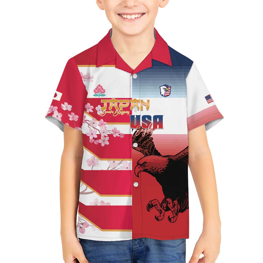 USA and Japan Rugby Custom Family Matching Off Shoulder Maxi Dress and Hawaiian Shirt Eagles Brave Blossoms Together Pacific LT14 Son's Shirt Red - Polynesian Pride