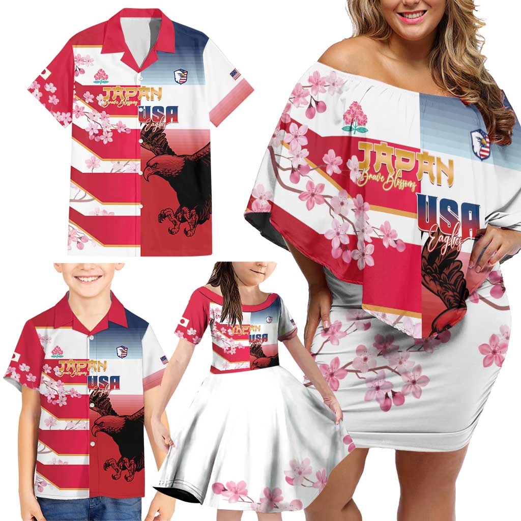 USA and Japan Rugby Custom Family Matching Off Shoulder Short Dress and Hawaiian Shirt Eagles Brave Blossoms Together Pacific LT14 - Polynesian Pride