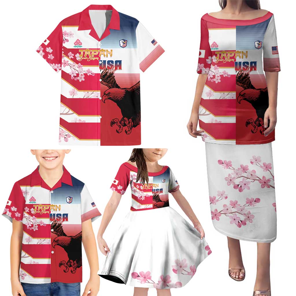USA and Japan Rugby Custom Family Matching Puletasi and Hawaiian Shirt Eagles Brave Blossoms Together Pacific LT14 - Polynesian Pride