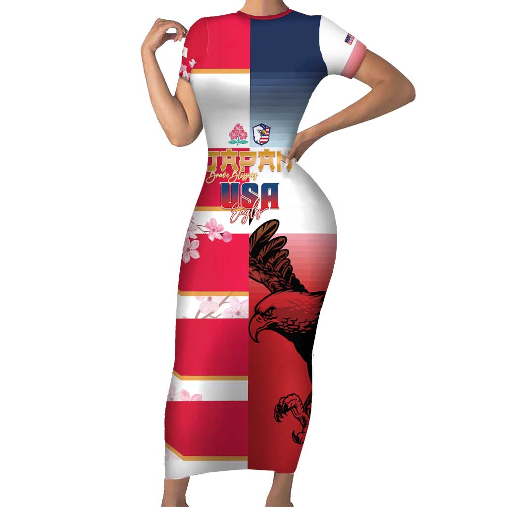 USA and Japan Rugby Custom Family Matching Short Sleeve Bodycon Dress and Hawaiian Shirt Eagles Brave Blossoms Together Pacific LT14 Mom's Dress Red - Polynesian Pride
