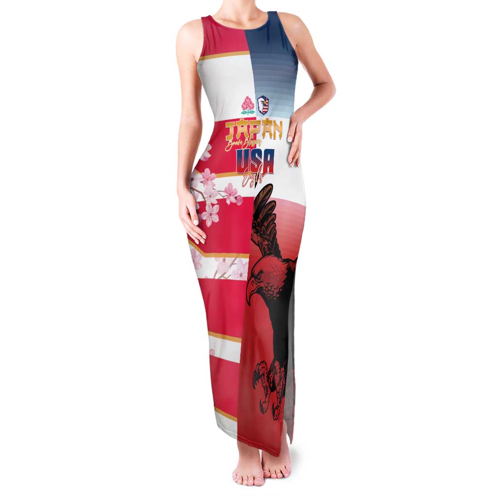 USA and Japan Rugby Custom Family Matching Tank Maxi Dress and Hawaiian Shirt Eagles Brave Blossoms Together Pacific LT14 Mom's Dress Red - Polynesian Pride